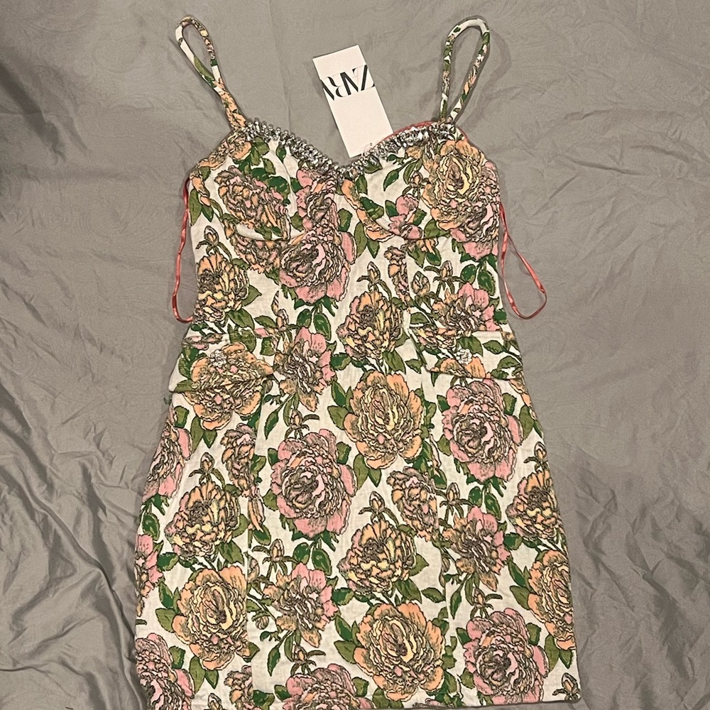 Zara Floral Mini Jacquard Dress Rhinestones Size Small/Medium New With Tags